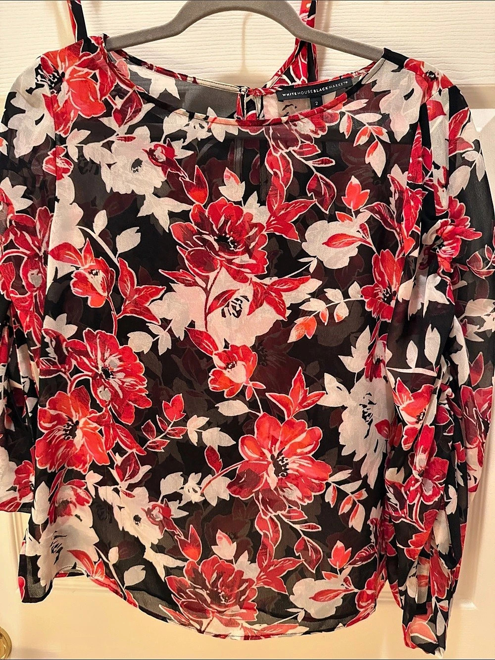 White House Black Market Floral Long Sleeve Blouse Black & Red Size 2